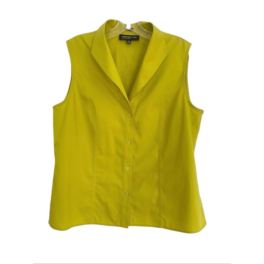 Jones New York Non Iron Sleeveless Button Up Yellow Cotton Top Sz 14